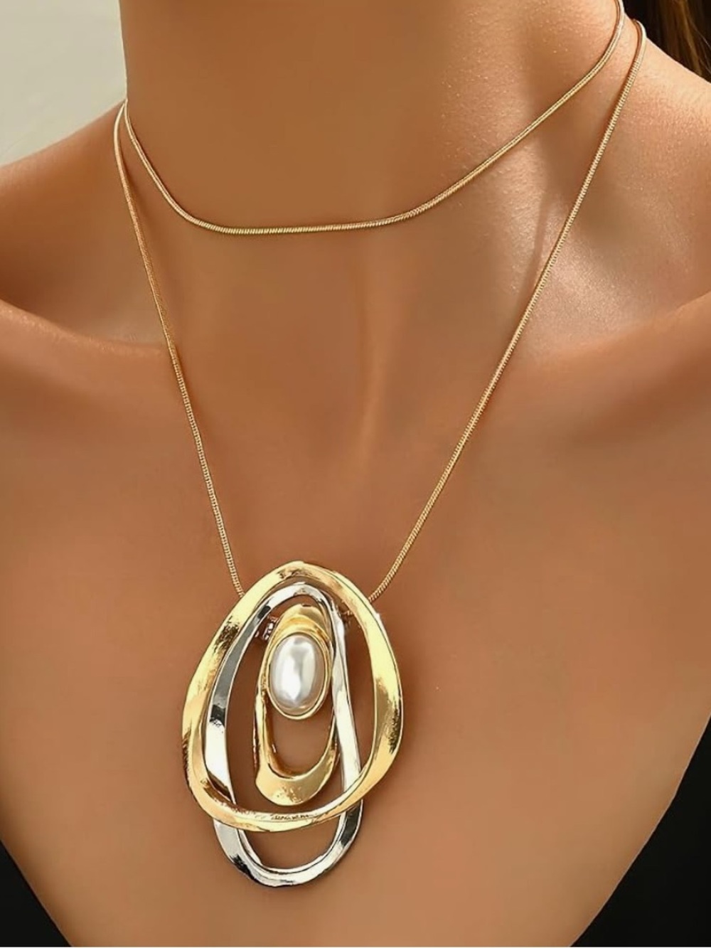 Elegant Gold and Silver Oval Pendant Necklace with faux Pearl Accent